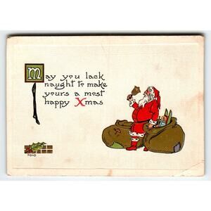Vintage Santa Claus Christmas Postcard with Bell & Toy Sack 7010